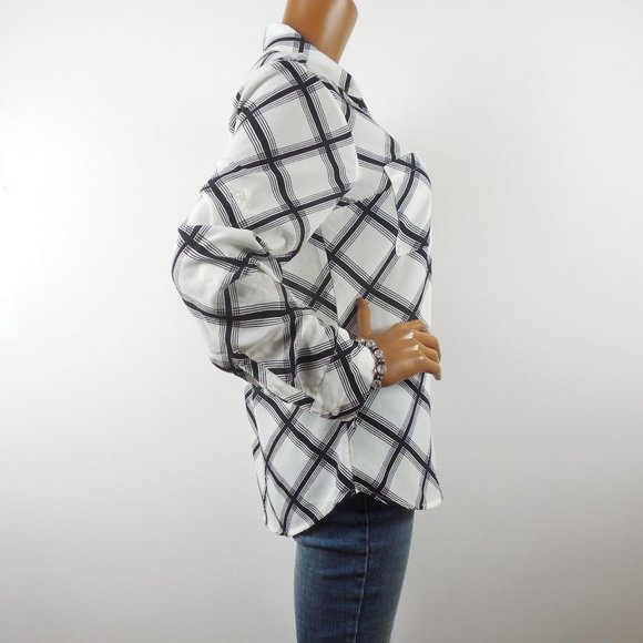 EXPRESS Top L Button Down Blouse White/Black Shirt Checks Roll Tab Long Sleeves - Picture 7 of 12